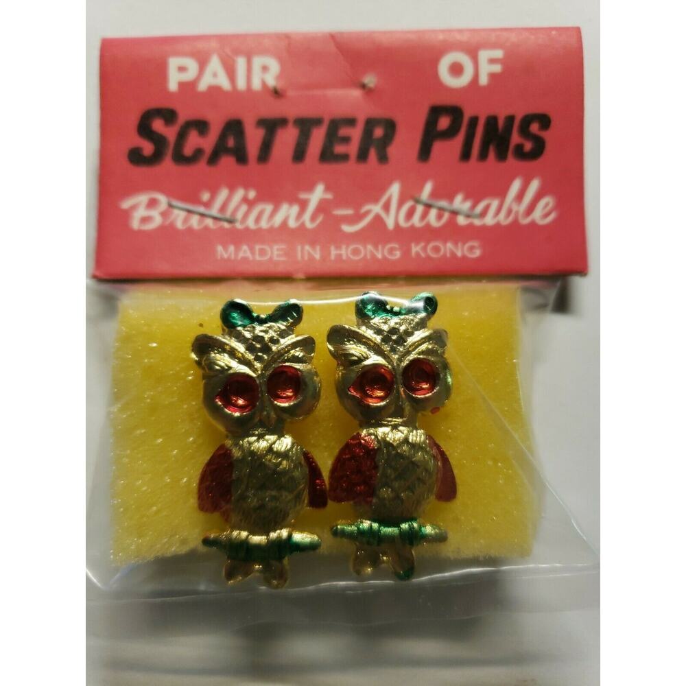 Vintage Brooches Pair of Owls with Bows‎ Enamel Scatter Pins New Old Stock B-7
